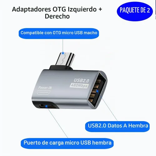 Vista 2 de Adaptador OTG micro USB 2 en 1 alimentado de 90 grados en ángulo recto con puerto de carga de alimentación micro USB, paquete de 2