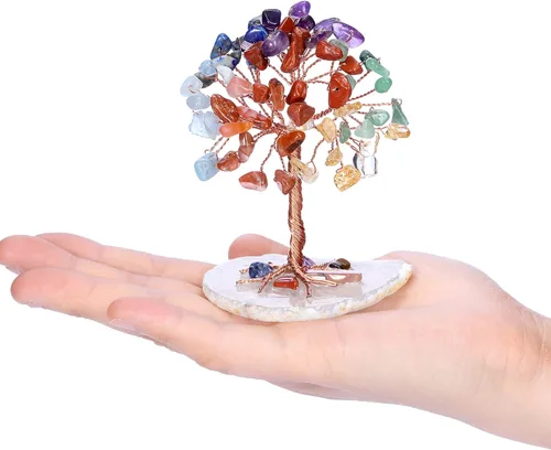 Vista 4 de Jovivi Árbol de cristales curativos naturales de 7 chakras en base de ágata, piedras curativas, árbol de dinero para Feng Shui, decoración de mesa