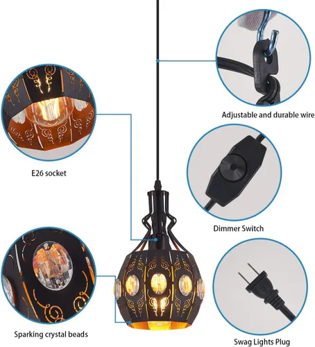 Vista 7 de YLONG-ZS Lámpara Colgante Swag Luces con Enchufe Luz Colgante con Enchufe, Luces Colgantes con Cable con Enchufe Pequeña Negra Vintage Rústica