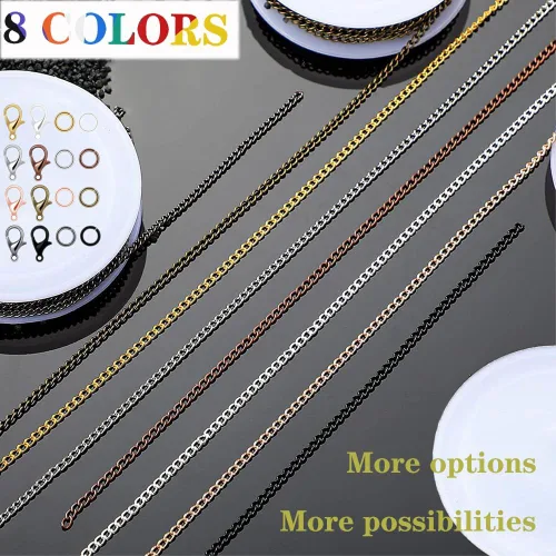 Vista 2 de Kit de fabricación de joyas de 80 pies – Cadena de acero inoxidable de 8 colores, 240 anillos de salto y 80 cierres de langosta para manualidades