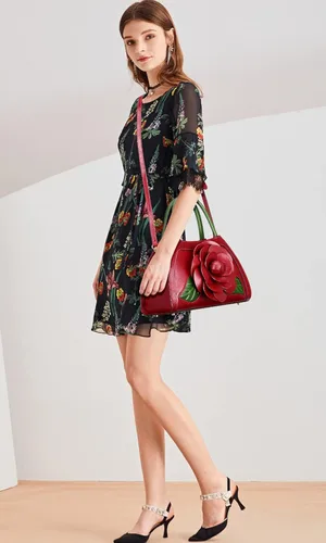 Vista 3 de PIJUSHI Bolsos florales de diseño para mujer de cuero auténtico con asa superior