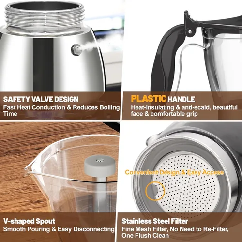Vista 5 de Olla de plástico transparente de 6 tazas de acero inoxidable sin recubrimiento, cafetera italiana, cafetera moca greca, cafetera clásica