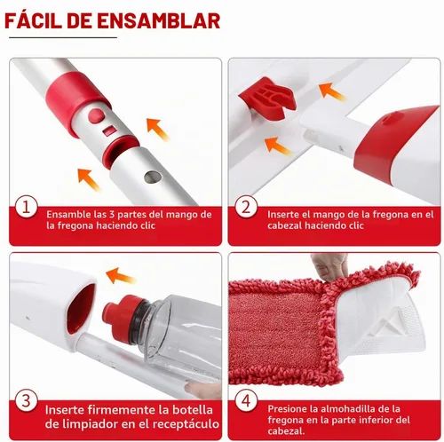 Vista 7 de Trapeador de microfibra para limpieza de suelos con 3 almohadillas lavables 700ML refillable bottle, 360° swivel head, scrubber included, wet/dry