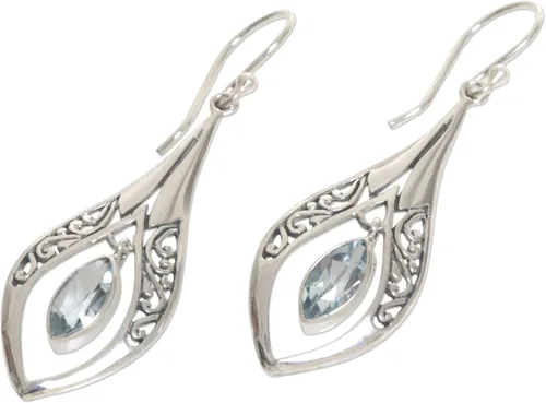 Vista 2 de NOVICA Aretes colgantes artesanales hechos a mano con topacio azul, plata de ley 925, piedra natal indonesia, lágrimas azules, Plata, No es una