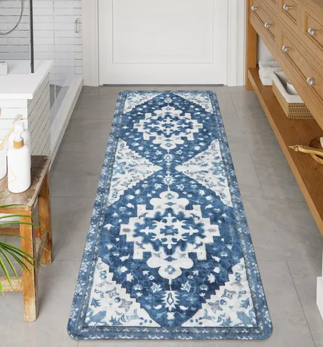Vista 24 de Uphome Alfombra de baño vintage, azul, bohemio, antideslizante, oriental, suave, lavable a máquina, lindas alfombras de baño tribales florales