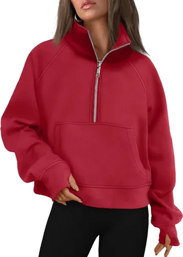 Vista 7 de AUTOMET Sudaderas con media cremallera para mujer, sudadera corta de vellón con cremallera de un cuarto, sudaderas con capucha para el otoño, a