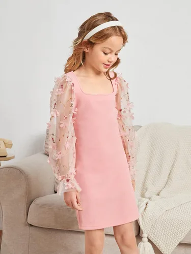 Vista 3 de WDIRARA Vestido de cuello cuadrado con apliques de manga larga con volantes de malla transparente para niña