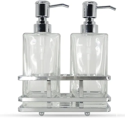 Vista 9 de Juego de dispensador de loción y jabón de vidrio cuadrado transparente con bomba y soporte de metal para baño, cocina, hogar, oficina, viaje, hotel