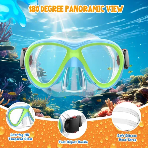 Vista 3 de Kids Snorkel Set, Dry Top Snorkeling Gear for Kids, Diving Mask for Youth Boys Girls Age 5-15, Tempered Glass Swimming Goggles Combo Set, Anti-Fog