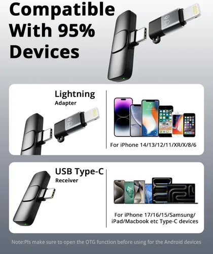 Vista 4 de Micrófono Lavalier inalámbrico para iPhone, Android, iPad, tabletas, mini micrófono Bluetooth con cancelación de ruido, transmisión de 65 pies