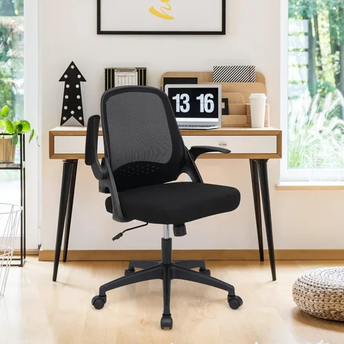 Vista 9 de Giantex Silla ergonómica de malla con respaldo medio para computadora, soporte lumbar, reposabrazos abatibles, silla giratoria de altura ajustable