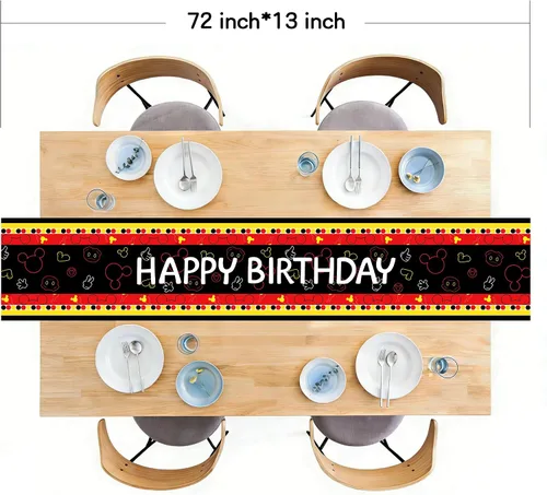Vista 2 de Camino de mesa de feliz cumpleaños, negro, rojo, amarillo, ratón, tela de poliéster, decoración de mesa de comedor para decoración de fiesta