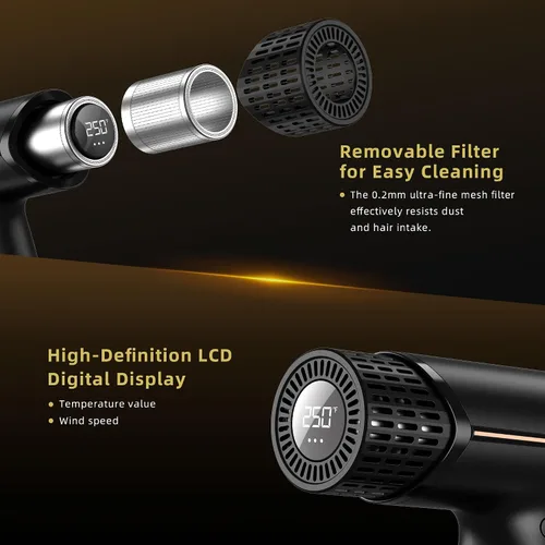 Vista 6 de Secador de pelo iónico con difusor, secado rápido, con pantalla LCD y tecnología de limpieza automática, 4 ajustes de calor y 3 velocidades, diseño
