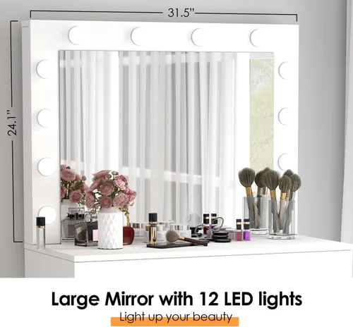 Vista 7 de Vabches Tocador de maquillaje con luces, Mesa tocador de maquillaje, Brillo ajustable, Cajón grande tocador resistente para dormitorio estudio