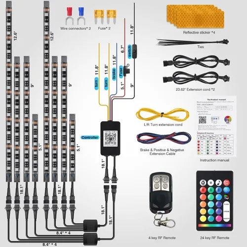 Vista 9 de 8 kits de luces LED RGB segmentadas para motocicleta con control remoto APP/RF, luces subterráneas multicolor con señal de giro de freno, tira