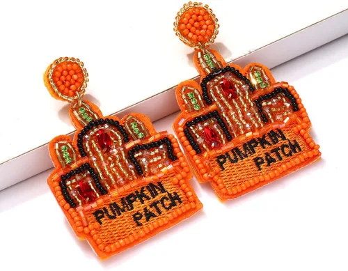 Vista 6 de Aretes de Halloween para mujer, lindos aretes colgantes de calabaza fantasma, con cuentas, espeluznante sombrero de bruja de calavera boo truco RIP