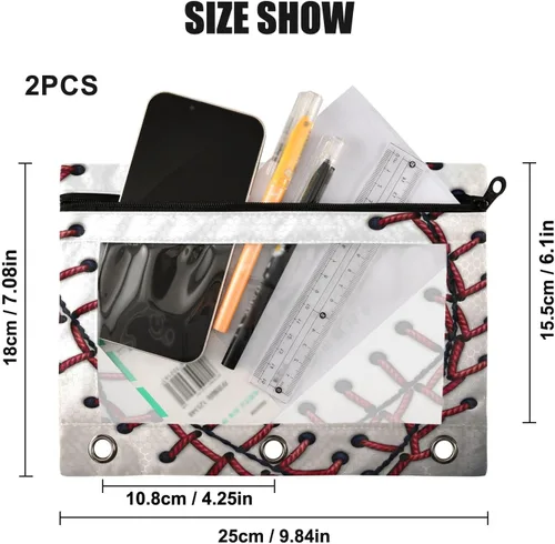 Vista 3 de Baseball Pencil Pouch for 3 Ring Binder，Zippered Pencil Case with Clear Window Organizers Bag 2 Packs