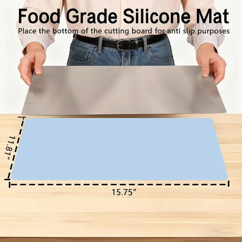 Vista 2 de Tablas de cortar grandes de acero inoxidable para cocina, tablas de cortar con alfombrilla antideslizante azul, tabla de cortar con borde