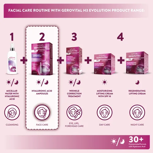 Vista 5 de GEROVITAL EVOLUCIÓN H3: ampollas con ácido hialurónico y superóxido dismutasa (la superenzima antienvejecimiento), 30+ (10 x 0.1 fl oz)