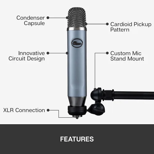 Vista 6 de Logitech Blue Ember XLR - Micrófono condensador para grabación y transmisión, cápsula cardioide personalizada y soporte de micrófono, gris (renovado)