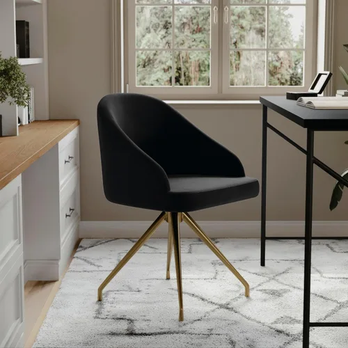 Vista 2 de Martha Stewart Sora Silla de Trabajo Giratoria Fija con Brazos Inclinados para Oficina en Casa en Terciopelo Negro con Marco de Latón Pulido