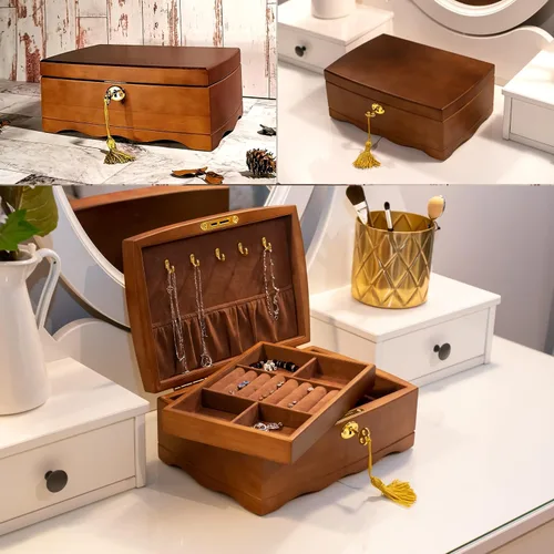 Vista 8 de EURIELK Joyero de madera con cerradura y llave para mujer tamaño mediano madera natural real con cerradura para niñas antiguas con gran