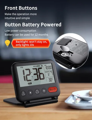 Vista 3 de NOKLEAD Reloj despertador digital de viaje para dormitorio y oficina: pequeño reloj de escritorio LCD con luz de fondo, fecha, temperatura