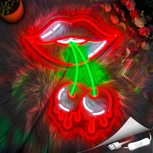 Vista 5 de Letrero de Neón de Labios de Cereza, Letreros de Neón para Decoración de Pared Letreros LED Rojos de Neón para Habitación Letreros de Neón Luminosos