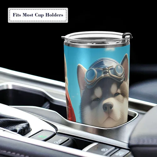 Vista 5 de Tazas de acero inoxidable con diseño de perros lindos de dibujos animados para hombres con tapa y pajita, taza de viaje de café de 20 onzas
