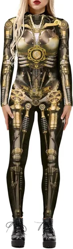 Vista 15 de Enterizo de mujer con estampado de esqueleto de robot mecánico 3D para Halloween, disfraz de cosplay