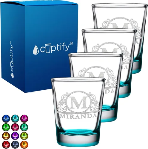 Vista 35 de Vaso de chupito personalizado con nombre de círculo elaborado de 2 onzas, parte inferior negra grabada con texto personalizado para regalos, bodas