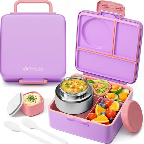 Vista 11 de Fimibuke Lonchera Bento para Niños y Adultos, Contenedor de Lonchera para Niños Pequeños de 3-4 Compartimentos 60OZ con Frasco de Comida Aislado a