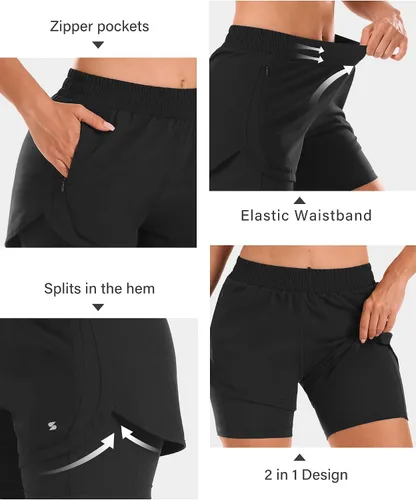 Vista 4 de Stelle Pantalones cortos de correr 2 en 1 para mujer, pantalones cortos deportivos de cintura alta, pantalones cortos de entrenamiento con forro