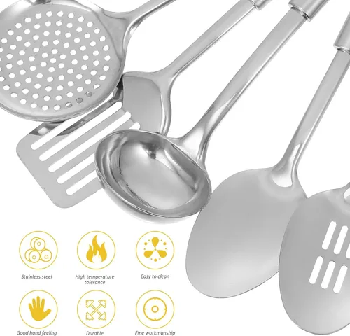 Vista 5 de BESPORTBLE Utensilios de cocina de acero inoxidable resistentes al calor con diseño ergonómico para cocinar en casa y almacenamiento ordenado