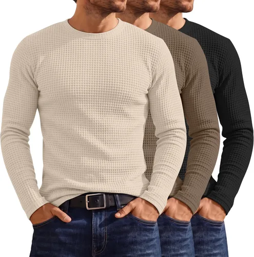 Vista 15 de Huukeay Paquete de 3 camisas térmicas tipo gofre para hombre