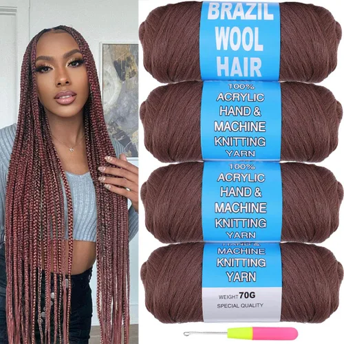 Vista 25 de COOKOO 2 rollos de hilo de lana brasileña color negro natural para cabello trenzado de ganchillo, trenzas, torsión, urdimbres, torsión senegalesa