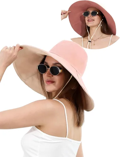 Vista 6 de Sombrero de pescador de algodón para mujer, reversible, de ala ultra ancha, plegable, protección UV, verano, viajes, UPF 50+ Rosa