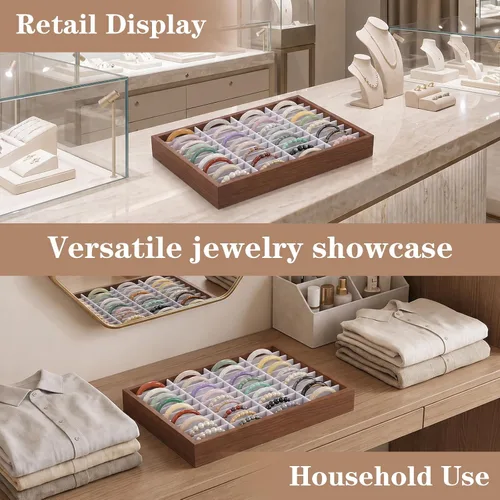 Vista 4 de 40-Slot Wood Velvet Bracelet Organizer Box, Gray Jewelry Display 13.8 x 9.5 x 1.8 inches, Stackable Bracelet Display Tray with Divider, Bangle