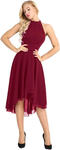 Vista 4 de TiaoBug Vestido de dama de honor sin mangas con cuello halter hasta la rodilla para mujer