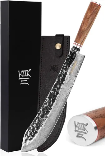 Vista 9 de YOUSUNLONG Cuchillo de carnicero japonés martillado de acero de Damasco de 8 pulgadas, mango de madera de nogal natural
