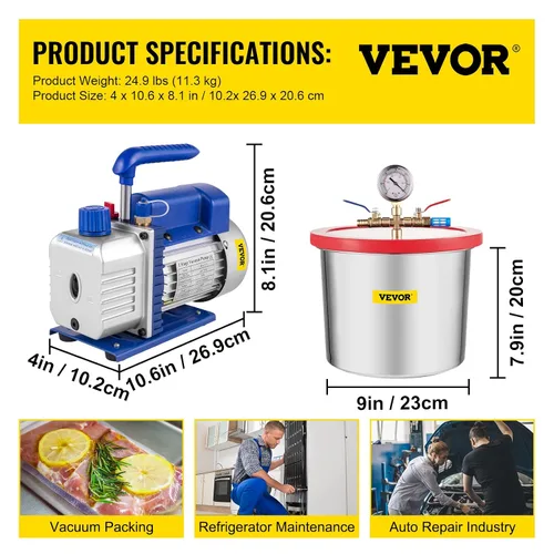 Vista 8 de VEVOR Cámara de vacío con bomba, bomba de vacío de 4CFM 1/3HP con cámara de vacío de alta capacidad de 2 galones, kit de cámara de bomba de vacío