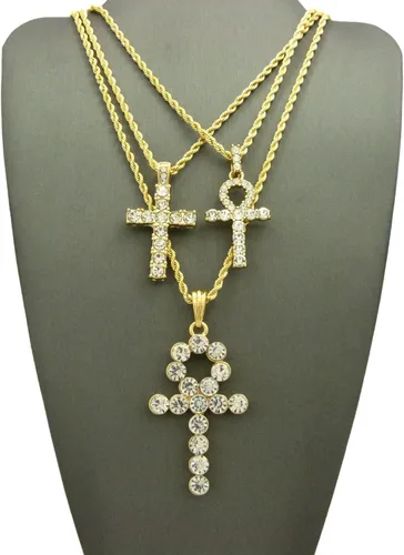 Vista 2 de Iced Out Breath of Life Ankh, colgante de cruz de 24.0in, 30 pulgadas, cadena de cuerda de 3 collar en tono dorado