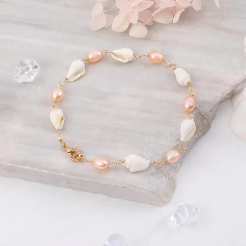 Vista 4 de Pulsera de perlas de concha de mar para mujer, pulseras de perlas de agua dulce rosadas, pulsera de perlas de conchas brillantes y delicadas