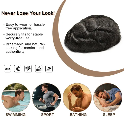 Vista 75 de Toupee para hombre 100% cabello humano real tupé para hombres 0.004 in piel de poliuretano para hombre, sistema de reemplazo de piezas de pelo
