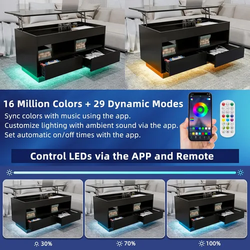 Vista 4 de HOMMPA Morden - Mesa de centro LED de 40 pulgadas con tapa elevable, color negro brillante, con almacenamiento oculto, sala de estar, mesa de té