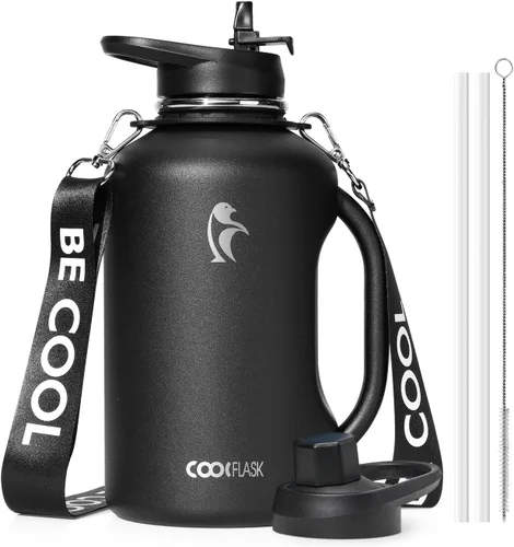 Vista 14 de Coolflask - Botella de agua aislada de 64 onzas, jarra de agua de medio galón con asa, popote de acero inoxidable, doble pared, de metal al vacío