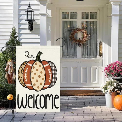 Vista 7 de Louise Maelys Bandera de bienvenida de otoño de 12 x 18 pulgadas, doble cara, pequeña arpillera de otoño, calabaza, fútbol, jardín, otoño, Acción