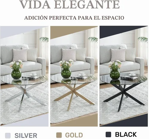 Vista 7 de Mesas de centro de cristal redondas y negras para sala de estar, oficina en casa, mesa central moderna y simple con parte superior de vidrio
