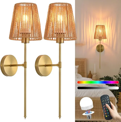Vista 10 de Juego de 2 apliques de pared bohemios que funcionan con pilas, con pantalla de ratán dorado, luces de pared inalámbricas con bombillas recargables