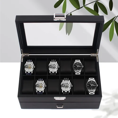 Vista 9 de Caja organizadora de reloj para hombres, 24 ranuras lujosa y masculina caja de exhibición texturizada de fibra de carbono - Parte superior de vidrio